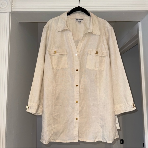 JM Collection 100% Linen Cream Gold Button Down Long Sleeve Blouse Sz 20W NWT - Picture 2 of 12